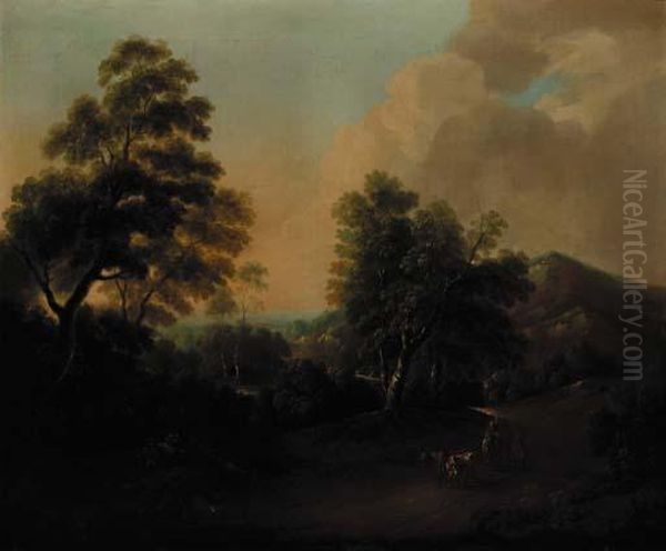 An Extensive Wooded Landscape With Drovers And Cattle In The Foreground Oil Painting by Thomas Barker of Bath