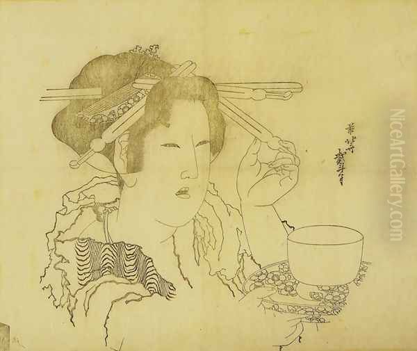 Woman with a Teacup Oil Painting by Katsushika Hokusai