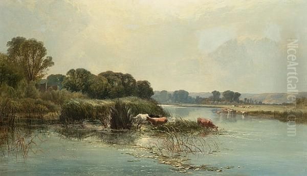 River Landscape With Cattle Oil Painting by Henry John Boddington