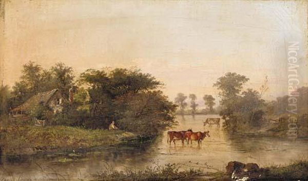 Figures At A Riverside Cottage With Cattle Watering Oil Painting by Henry John Boddington