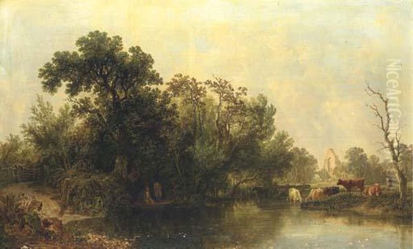 Anglers Fishing Beside A Ruined Abbey Oil Painting by Henry John Boddington