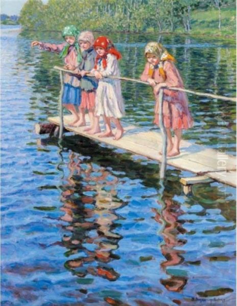 Children On The Lake Oil Painting by Nikolai Petrovich Bogdanov-Belsky