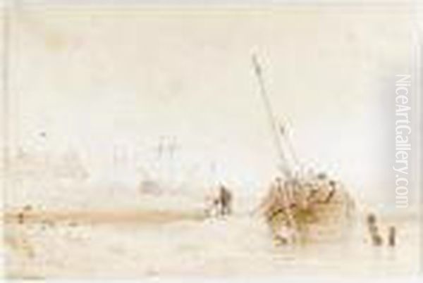 A Fishing Boat Beached At Low Tide Oil Painting by Richard Parkes Bonington