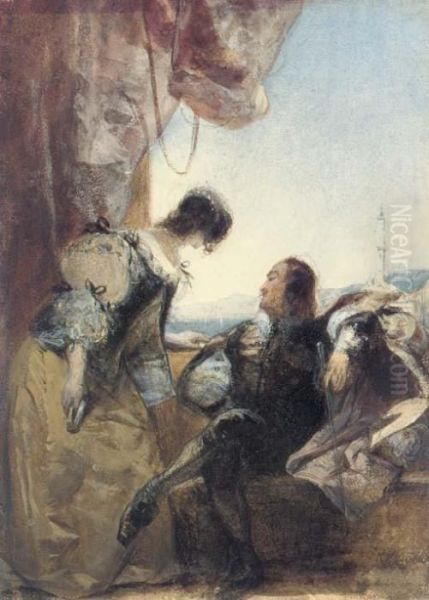 A Cavalier And His Lady On A Terrace, Genoa, Italy Oil Painting by Richard Parkes Bonington