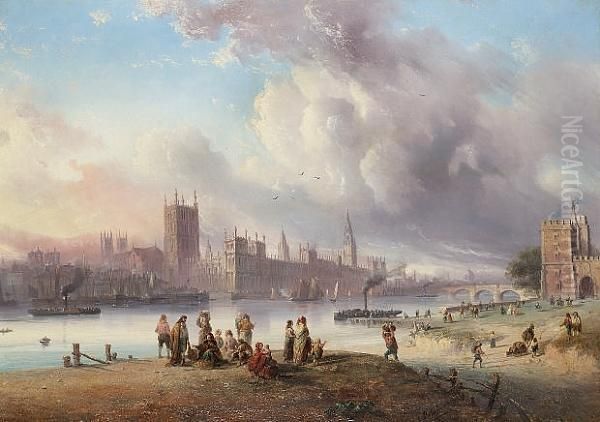 A View Of Westminster Palace From Lambeth; A View Of The City Of London From Bank Oil Painting by Carlo Bossoli