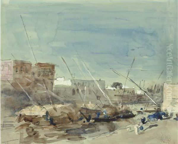 A Port Scene Oil Painting by Hercules Brabazon Brabazon