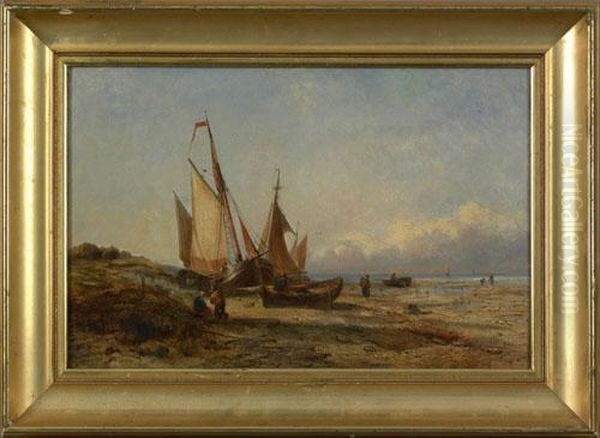 Coastal Scene With Boats And Figures Oil Painting by John Callow