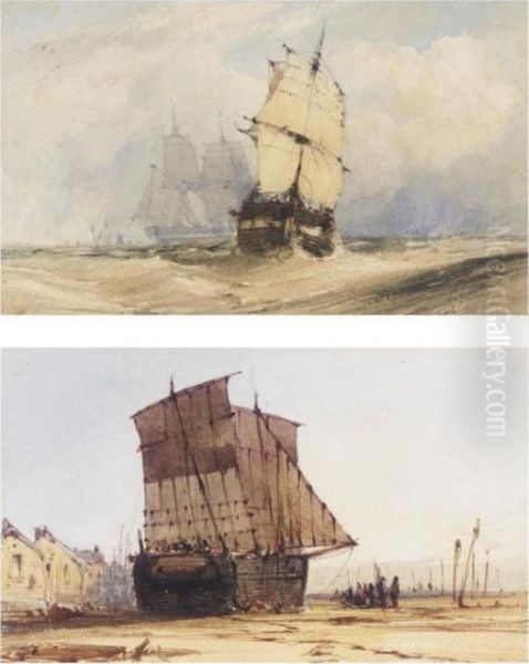 A Fishing Cutter, A Barque; Approaching The Quay; Fishing Boats At Sunset Oil Painting by John Callow