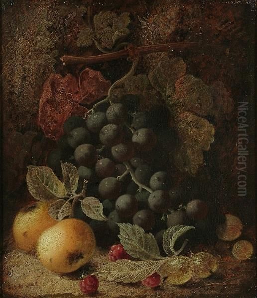 Still Life Of Grapes, Apples And Raspberries On A Mossy Bank Oil Painting by Oliver Clare