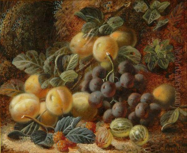 Still Life - Peaches, Grapes, Gooseberries And Raspberries On A Mossy Bank Oil Painting by Oliver Clare