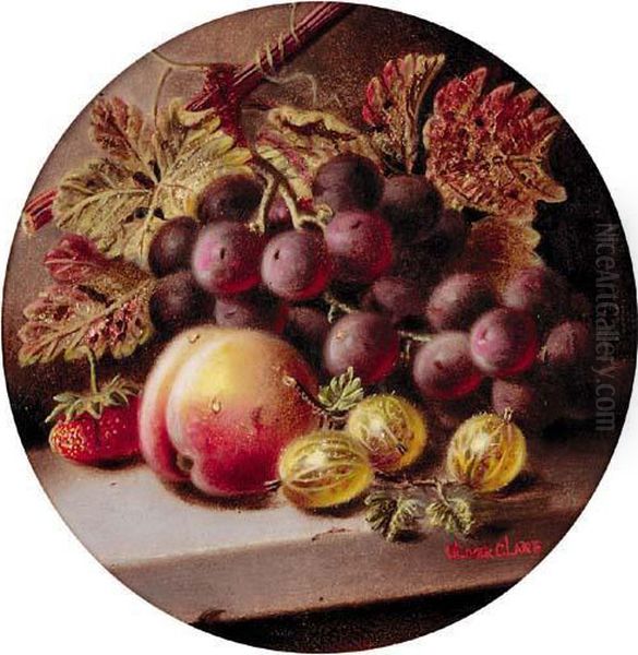 Grapes On The Vine, A Peach, A Strawberry And Gooseberries On A Ledge Oil Painting by Oliver Clare