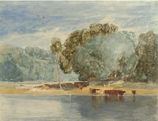 River Scene With Cattle Oil Painting by John Sell Cotman