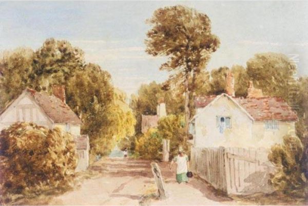 Figure With A Basket Walking Down A Village Lane Oil Painting by David I Cox