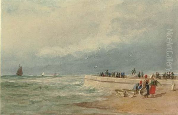 Dieppe Pier, France Oil Painting by David I Cox