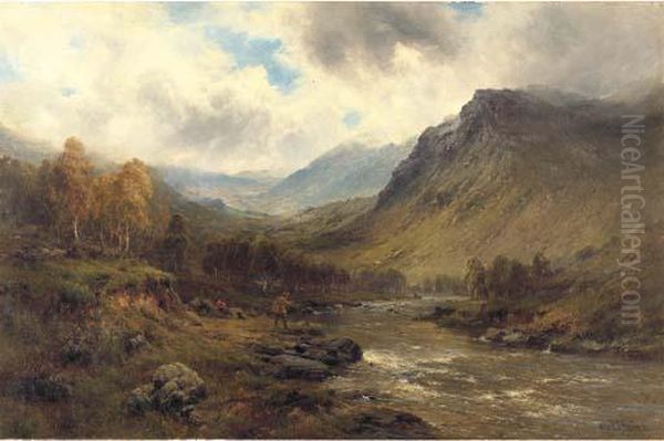 A Perthshire Salmon River Oil Painting by Alfred de Breanski