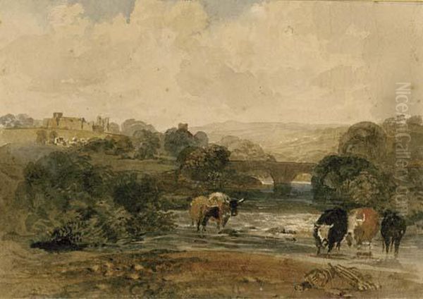 Cows Beside The River, A Castle On The Hill Beyond, In A Rural Landscape Oil Painting by Peter de Wint