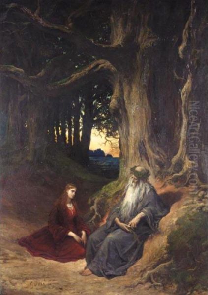 Viviane Et Merlin Se Reposant Dans La Foret Oil Painting by Gustave Dore