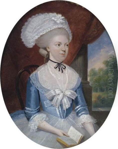 Portrait Of A Lady, Small 
Three-quarter-length, In A Blue Dress,holding A Book, A Landscape Beyond Oil Painting by John Downman