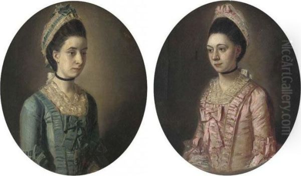 Portrait Of A Lady, Small 
Half-length, In A Pink Dress; Andportrait Of A Lady, Small Half-length, 
In A Blue Dress, In Apainted Oval Oil Painting by John Downman