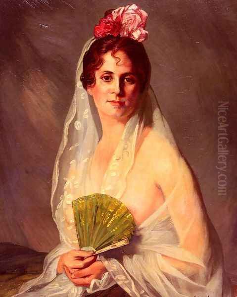 A Lady With A Fan Oil Painting by Eduardo Zamacois y Zabala