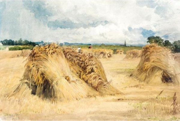 Hay And Wheat Stooks Before The Rain Oil Painting by Edward Duncan