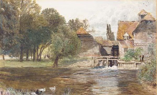 Study Of A Figure Beside A Watermill, With Ducks In The Foreground Oil Painting by Myles Birket Foster