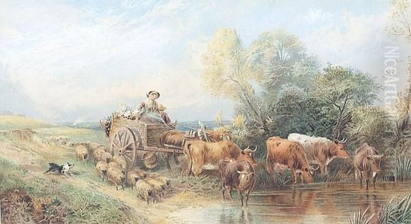 Figures In A Cart With Cattle And Sheep Fording A River Oil Painting by Myles Birket Foster