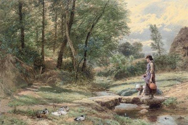 Crossing The Stream Oil Painting by Myles Birket Foster