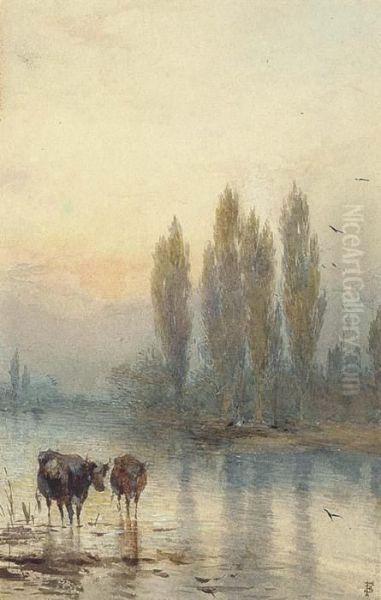 Cattle Watering, Evening Oil Painting by Myles Birket Foster