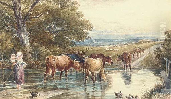 Cattle Fording A Stream Oil Painting by Myles Birket Foster