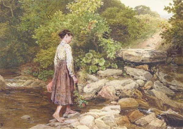 A Girl Crossing A Stream Oil Painting by Myles Birket Foster