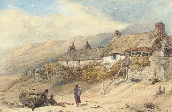 A Fishing Village Oil Painting by Myles Birket Foster