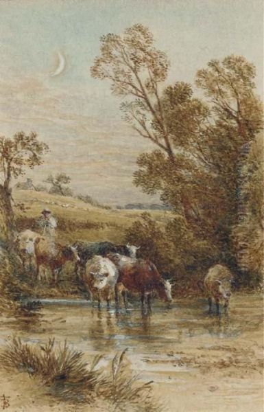 A Drover And Cattle Crossing A Ford Under A Crescent Moon Oil Painting by Myles Birket Foster