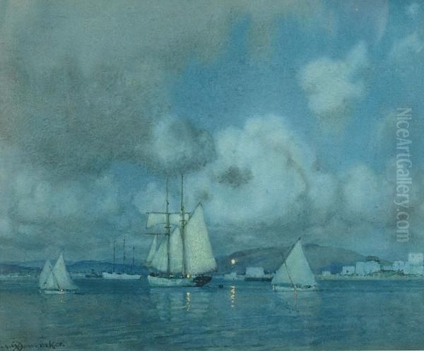 Algeciras - Looking Onshore At Dusk Oil Painting by Albert Moulton Foweraker