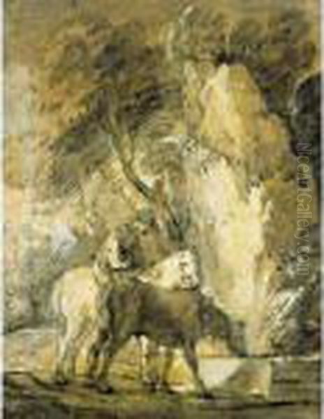 Wooded Landscape With Horseman And Horse Drinking At A Trough Oil Painting by Thomas Gainsborough