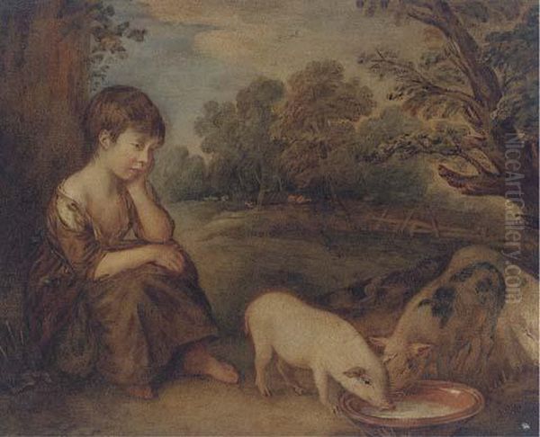 Girl With Pigs Oil Painting by Thomas Gainsborough