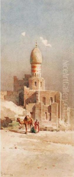 Camel And Arabs Before A Mosque; Distant View Of The Mosque Oil Painting by Angelos Giallina