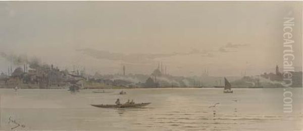 A Sweeping View Of Istanbul With The Topkapi Palace To The Left Oil Painting by Angelos Giallina