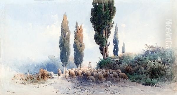 A Shepherd With His Herd, Corfu Oil Painting by Angelos Giallina