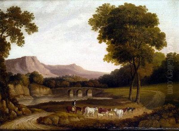 View Of Derbyshire, With Figure On Horseback, Cattle And Sheep In A Lane Oil Painting by John Glover