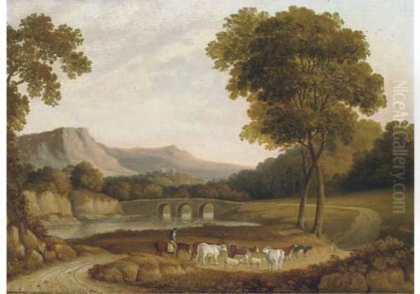 Cattle And A Herder On Horseback, Derbyshire Oil Painting by John Glover