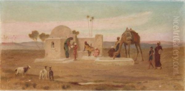 The Wayside Well And Water Trough Near Cairo; Shepherds At Gizeh Oil Painting by Frederick Goodall