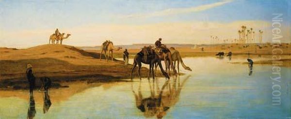 Camels Watering Oil Painting by Frederick Goodall