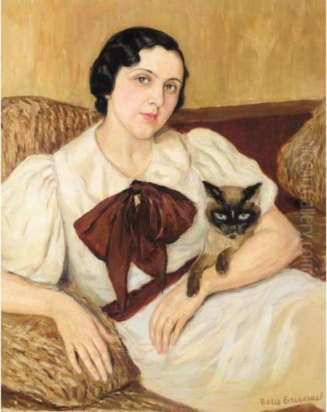 Portrait Of A Lady With Her Cat Oil Painting by Boris Dimitrevich Grigoriev