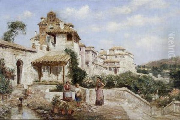 Figures Feeding Birds In A Spanish Courtyard Oil Painting by Arthur Trevor Haddon