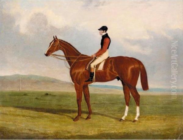 Elis, A Chestnut Racehorse With 
John Day Up Wearing The Colours Of Lord Lichfield, A Racecourse Beyond Oil Painting by John Frederick Herring Snr