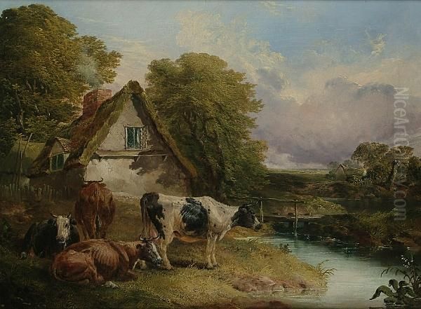 Cattle Before A Cottage Oil Painting by John Frederick Herring Snr