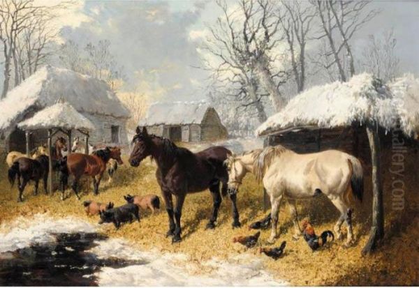 A Farmyard Scene In Winter Oil Painting by John Frederick Herring Snr