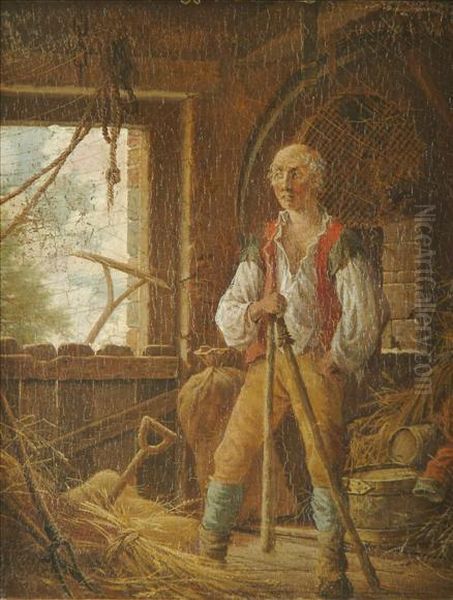 Farmerstanding In A Barn Oil Painting by Robert Hills