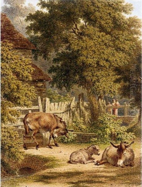 Donkeys In A Farmyard Near Sevenoaks, Kent Oil Painting by Robert Hills